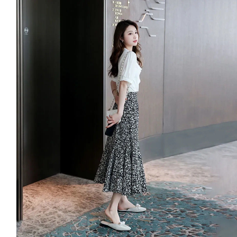 Set Áo Sơ Mi Chiffon Cổ V Kèm Chân Váy Dài Họa Tiết Hoa Thời Trang Hàn Quốc Cho Nữ