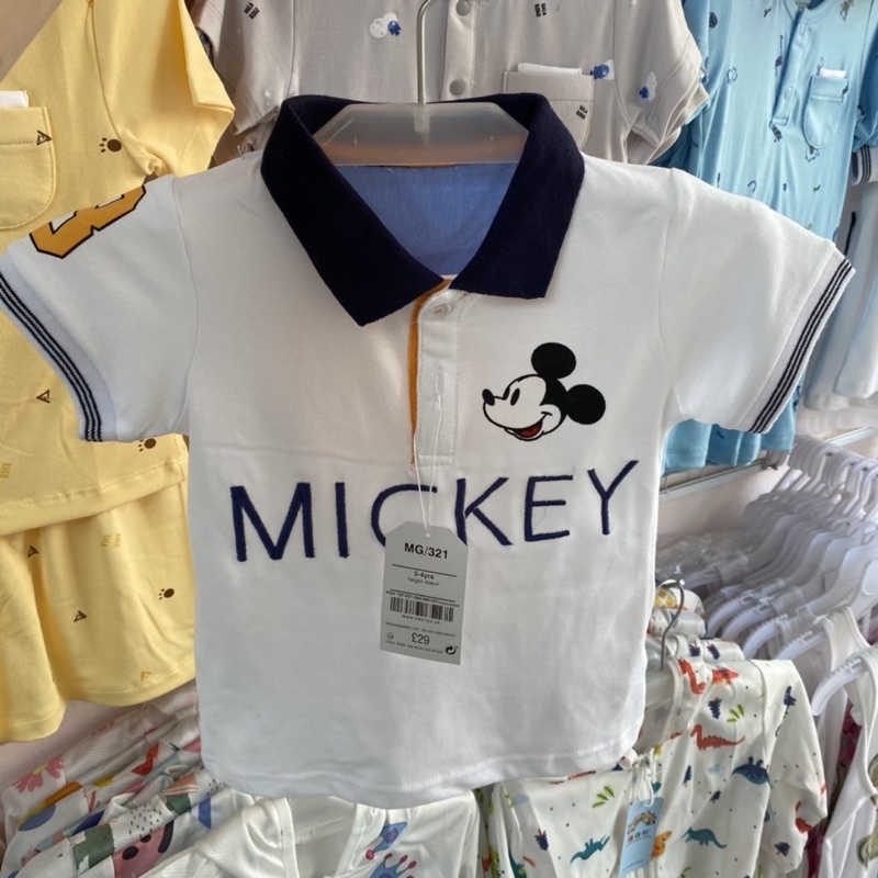 Áo phông cotton cổ bẻ cho bé trai- áo phông trắng hoạ tiết mickey