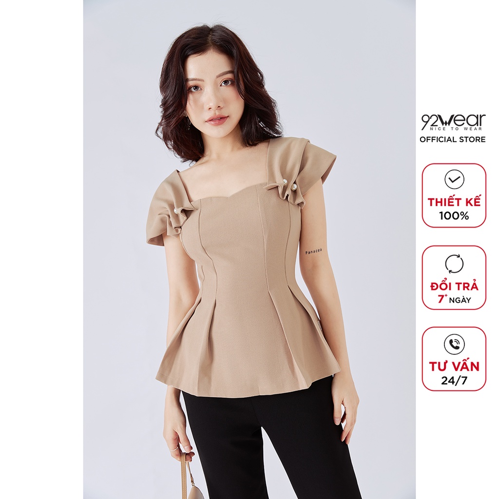 Áo sơ mi nữ kiểu 92WEAR thiết kế công sở thanh lịch tay ngắn nhún đính cúc ASA0852