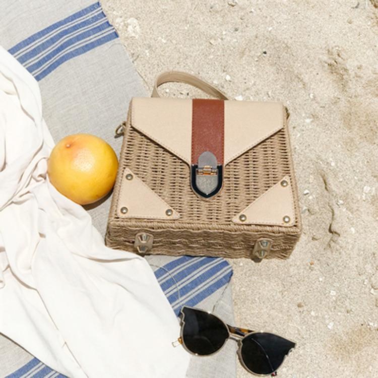 Túi cói đi biển Bohemian hộp hình thang