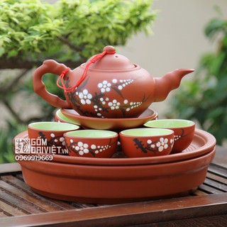 Bộ ấm chén tử sa Bát Tràng dáng quả hồng khay tròn vẽ hoa đào