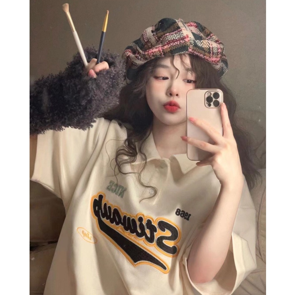 Áo polo Tay Ngắn Dáng Rộng In Họa Tiết Phong Cách Retro Thời Trang