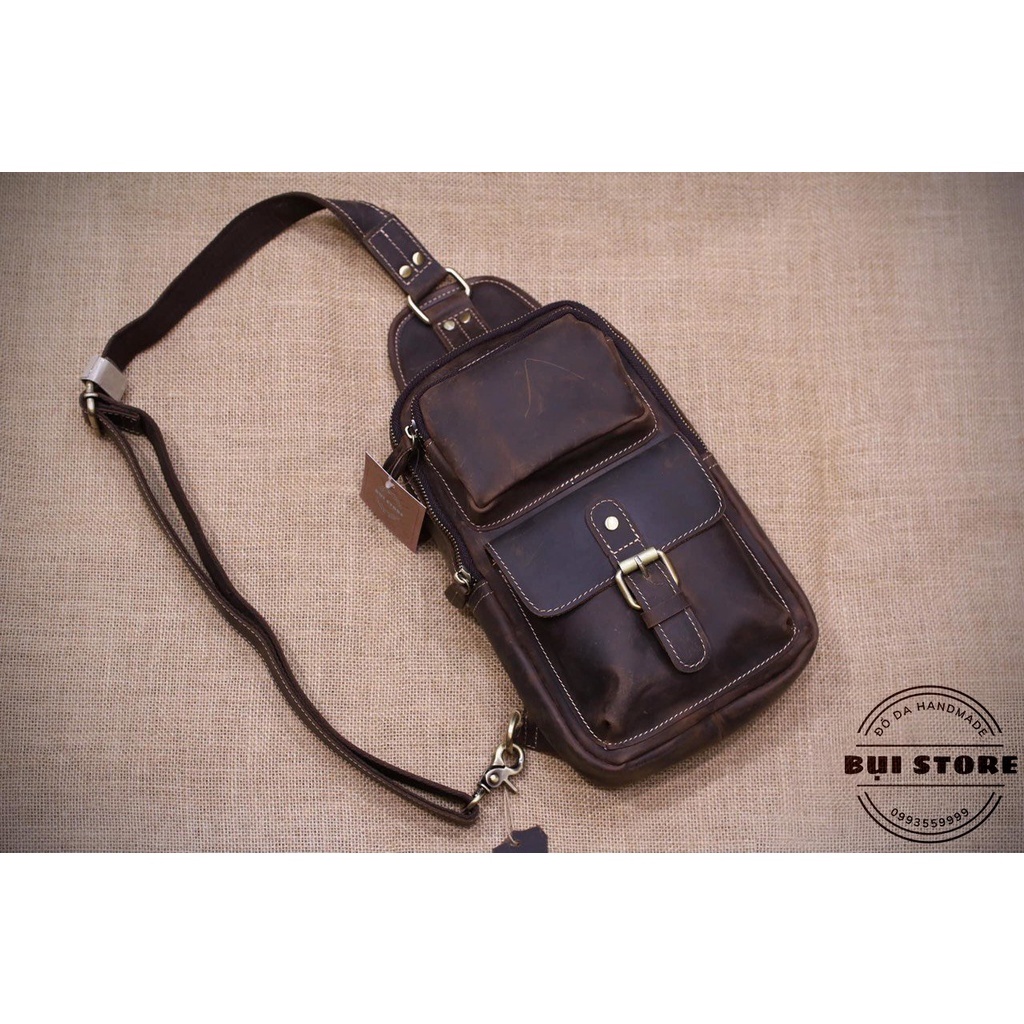 Túi đeo chéo trước ngực , Túi nam da thật 100% da bò sáp Handmade khâu tay thủ công BH 3 năm