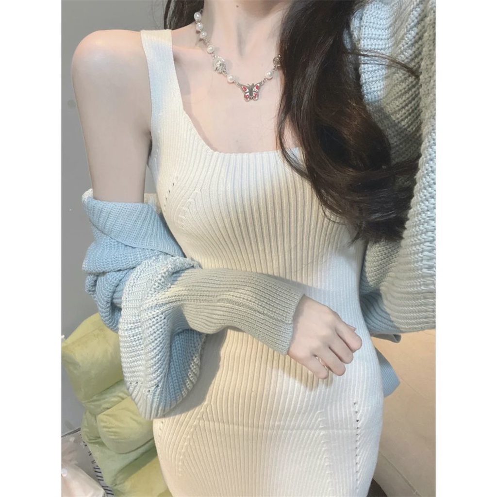 Bộ áo khoác cardigan tay dài + đầm 2 dây dệt kim phong cách thu đông mới
