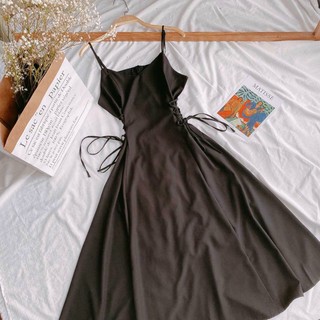 Đầm maxi váy 2 dây đen đan dây eo (kèm hình thật)