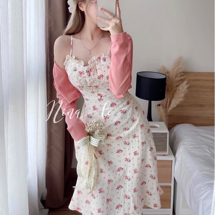 Set váy 2 dây cúp ngực, đầm hoa nhí kèm áo khoác cardigan dài tay chiết eo dáng dài freesize hàn quốc Ylydress C999