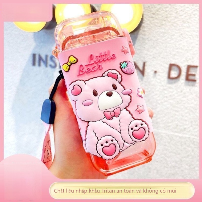 Bình Nước Hình Chữ Nhật Có Ống Hút Họa Tiết Disney Cho Bé