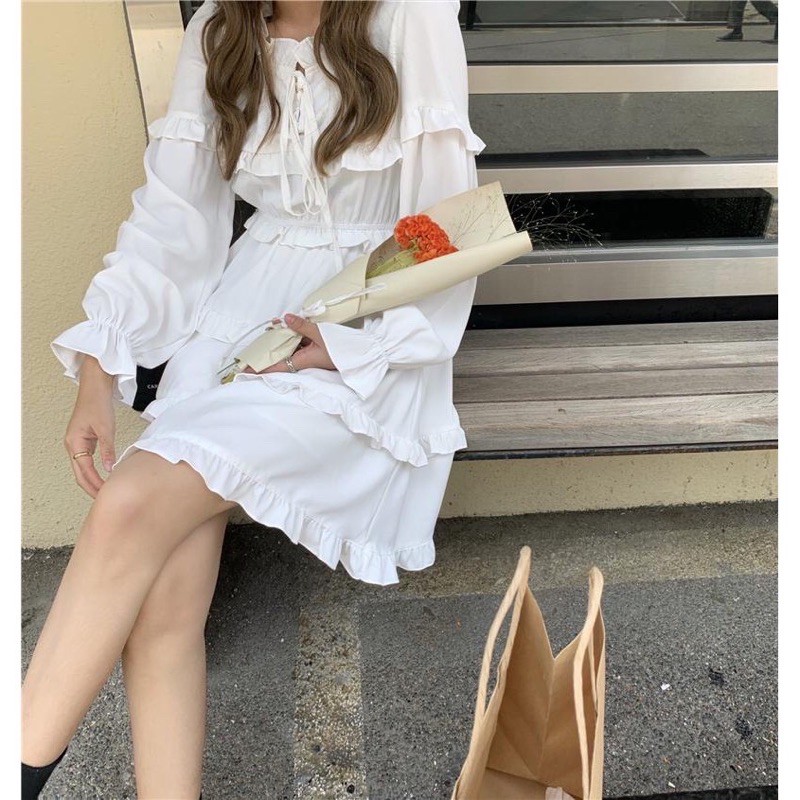 Váy Babydoll Vintage viền bèo tiểu thư siêu xinh 2 màu ➡ Đầm nữ trắng nhiều tầng dáng dài kèm ảnh thật | BigBuy360 - bigbuy360.vn