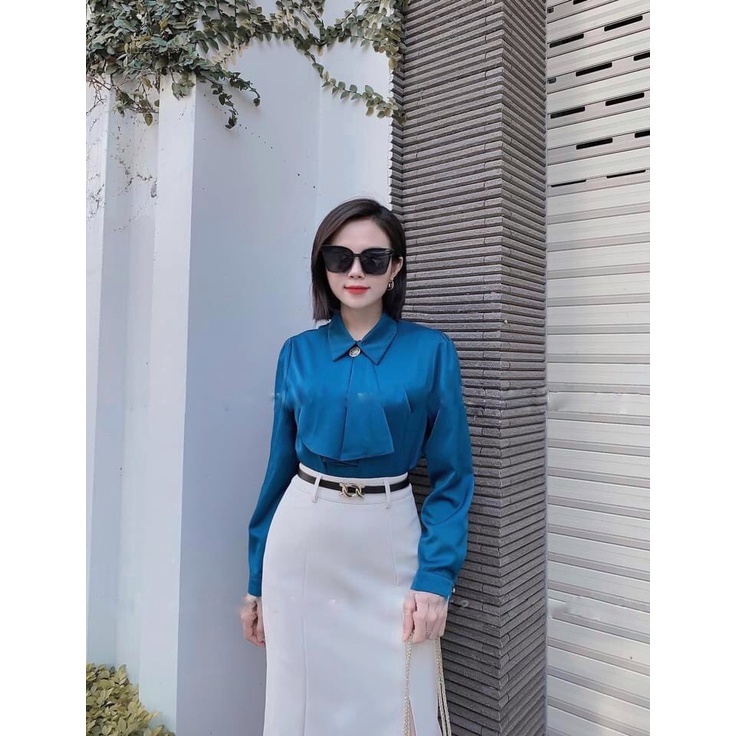 Áo sơ mi cổ đức nơ xếp ly lụa - áo sơ mi công sở nữ 116