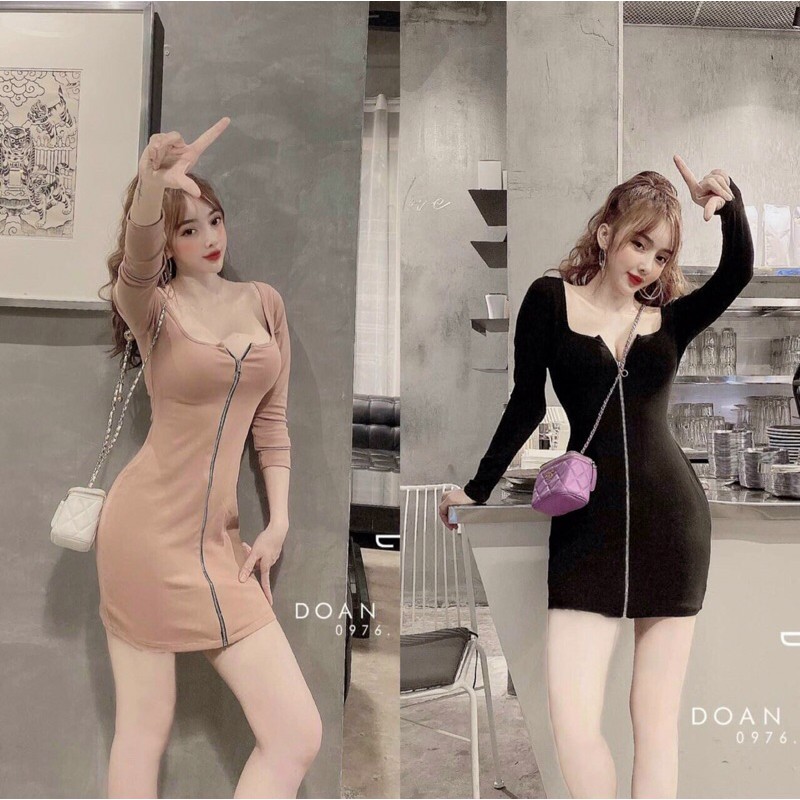 Đầm Body Cổ Vuông TD Xỏ Ngón Kéo Khoá Ngực Sexy - DZ13