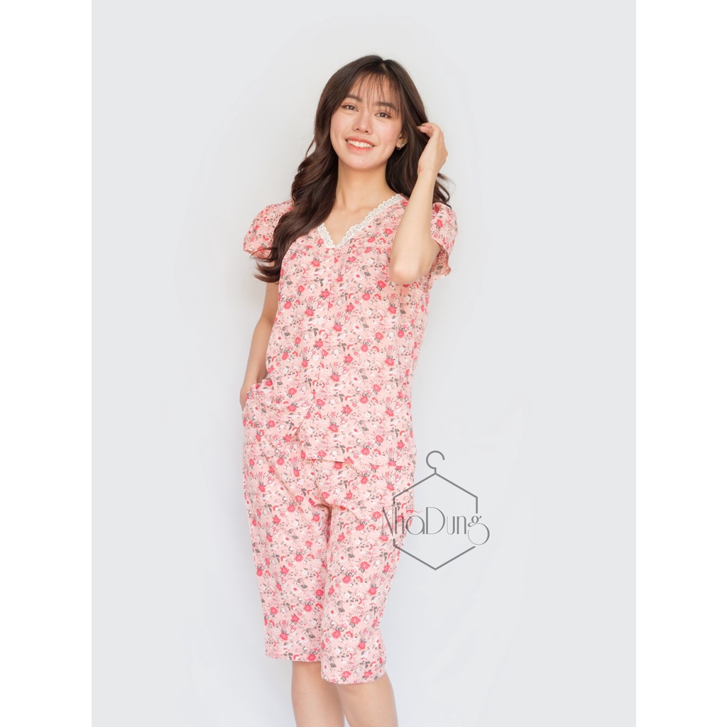 Đồ bộ nữ mặc nhà lửng cổ ren xinh xắn vải lụa cao cấp Nhã Dung Store 2 dưới 65kg