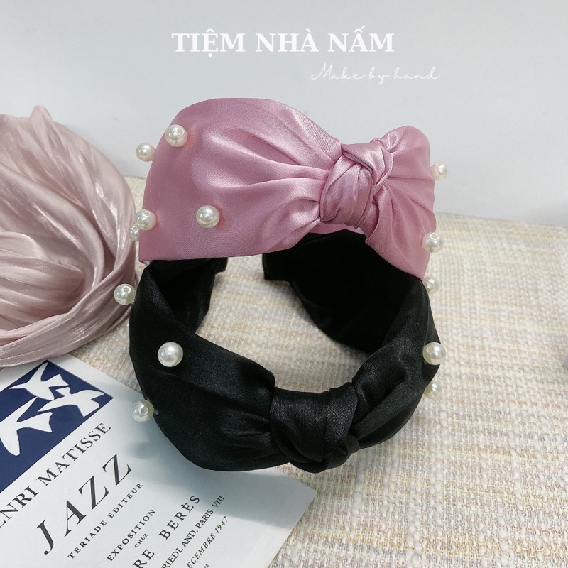 BỜM / CÀI TÓC SATTIN BẢN TO THẮT NÚT ĐÍNH HẠT TRAI - [ Nhà Nấm handmade ]