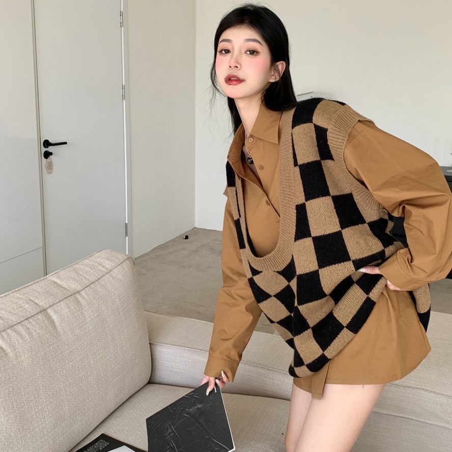 Set áo sơ mi tay dài dáng rộng phong cách retro + áo ghi lê thời trang mùa thu mới 2021 (có bán lẻ)