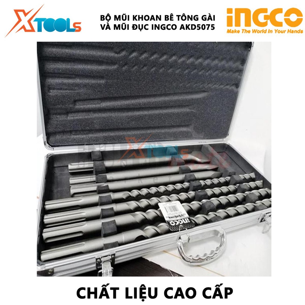 Bộ mũi khoan bê tông gài SDS Max và mũi đục INGCO AKD5075,Bộ 4 mũi khoan bê tông gài, 3 mũi đục  [CHÍNH HÃNG] [XTOOLs]