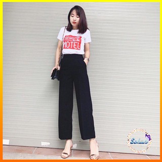 Quần Ống Rộng Nữ Cạp Cao Bóp Eo Nhỏ Chất Liệu Vải Co Giãn Thoải Mái