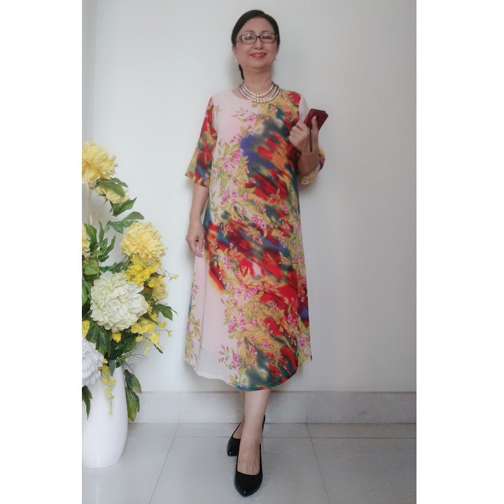 Váy Đầm Trung Niên Size 2XL- Vải Voan Sang Trọng - Form Suông Chữ A Che Bụng