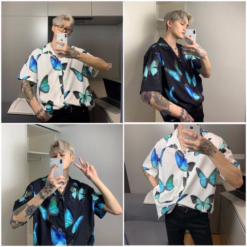 Áo sơ mi ulzzang hoạ tiết bướm (trắng/đen)