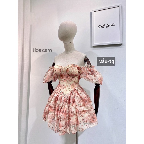 Váy hoa voan cộc tay hở lưng