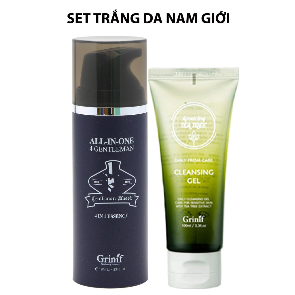 Bộ sản phẩm Kem dưỡng trắng Nam giới Grinif All In One 4 Gentleman 120ml và Gel rửa mặt Grinif TeaTree 100ml