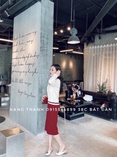 Set váy len áo cổ tim chân váy đỏ