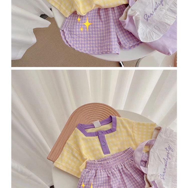 Set Áo Thun Cotton Ngắn Tay Và Quần Short Sọc Ca Rô Màu Tím Thời Trang Mùa Hè Hàn Quốc Mới Cho Bé Gái 2023