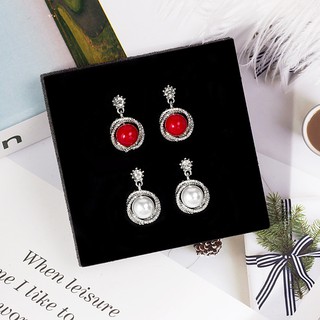 Khuyên tai tròn kết nối gắn hạt 2 màu đỏ trắng