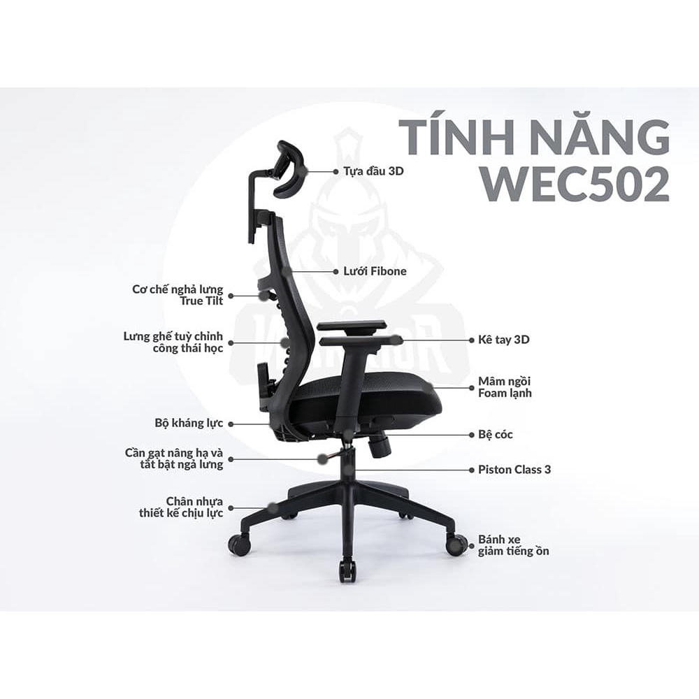 Ghế công thái học Warrior Hero series – WEC502  Đen và Xám - Điều chỉnh lưng, bảo vệ cột sống