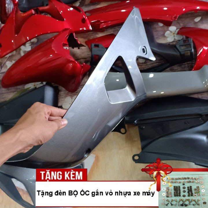 Dàn áo Loại Phanh Cơ- Ổ khóa Vuông xe Wave RS -S100 - Alpha 100 đời 2006 đến 2016 màu ĐỎ ĐUN yếm Ghi - Tặng bộ ốc dàn áo