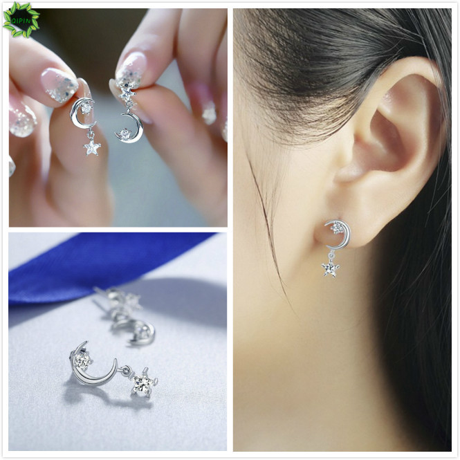 Hoa tai đinh tán bằng bạc đính đá pha lê kiểu sao trăng rơi thời trang Hàn Quốc dành cho nữ