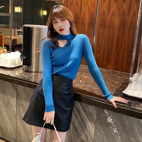 Áo len ZHELIHANGFEI dệt kim tay dài cổ cao thiết kế hở quyến rũ