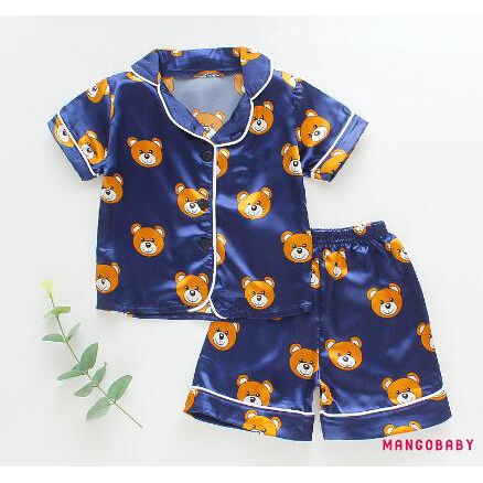 ♬MG♪-Children Cartoon Bear Two-piece Pajamas Girls Short Sleeve Lapel Top with Button Elastic Waistband Shorts Set