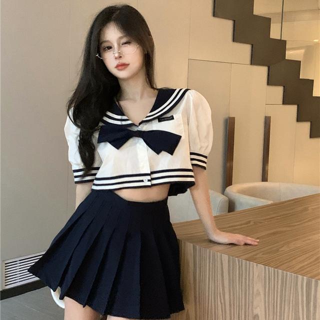 Jiashucheng Bộ Áo Sơ Mi Ngắn Tay Thắt Nơ Cổ + Chân Váy Phong Cách Preppy Thời Trang Mùa Hè Cho Nữ