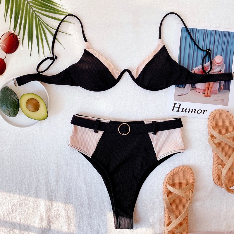 [BKN1202] &lt;ÂU&gt; SET BIKINI ĐEN MIX BE KÈM BELT (CÓ GỌNG) (CẠP CAO)