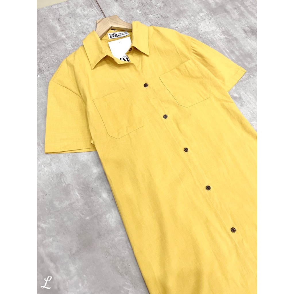 :Váy sơ mi vàng basic túi form rộng cho nữ siêu hot