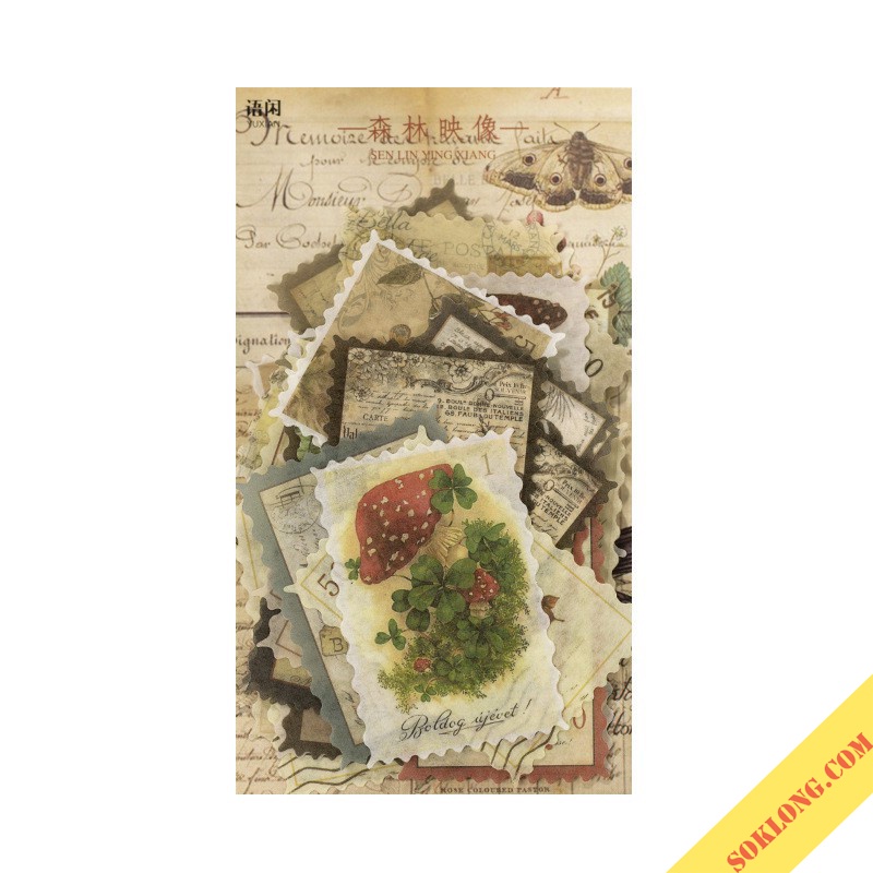 Bộ 60 tem dán Vintage hình thực vật, động vật - Sticker hình tem Tuệ Minh