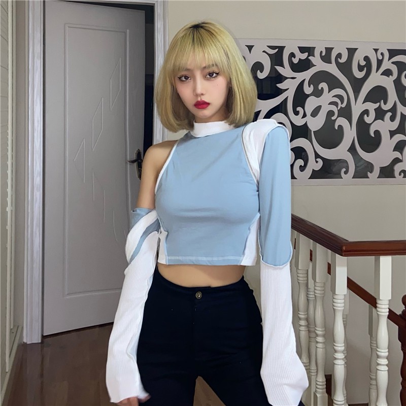 Áo croptop tay dài tháo dây kéo rời ra thành sát nách cổ trụ tròn cao xanh trắng ulzzang