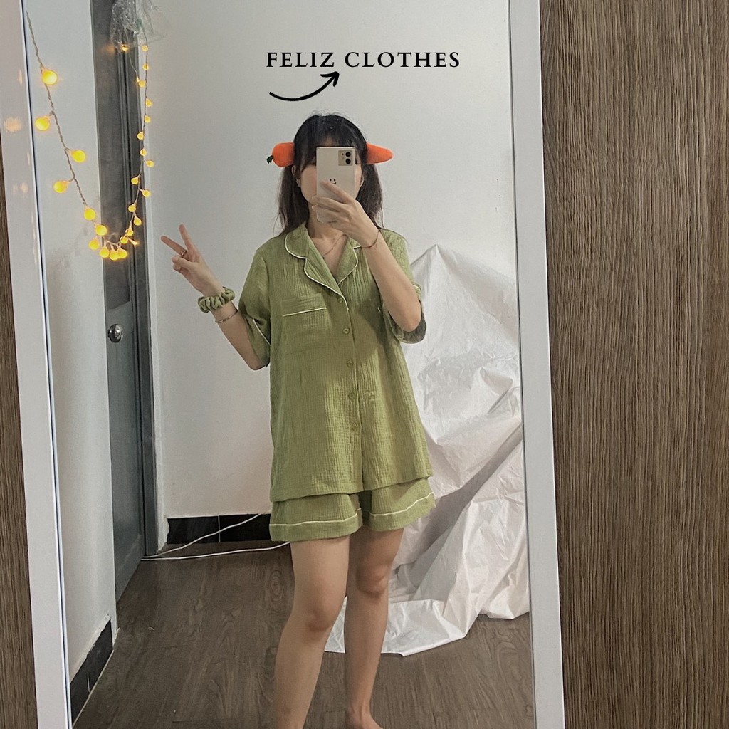 Pyjama xô muslin xanh matcha siêu dễ thương