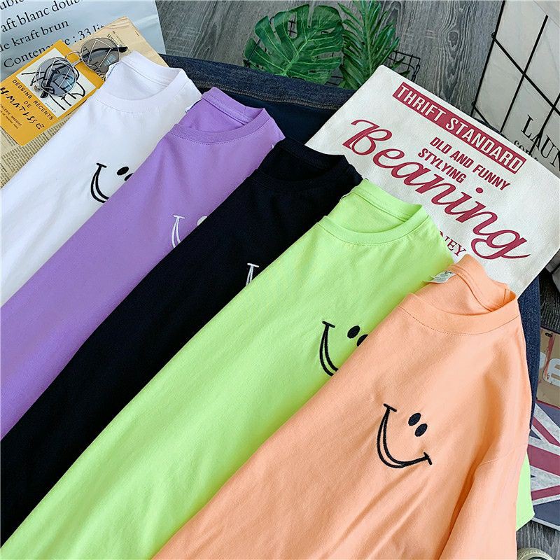 ÁO THUN UNISEX - THÊU HÌNH MẶT CƯỜI - HÀN QUỐC FORM RỘNG - HÀNG NHẬP QC