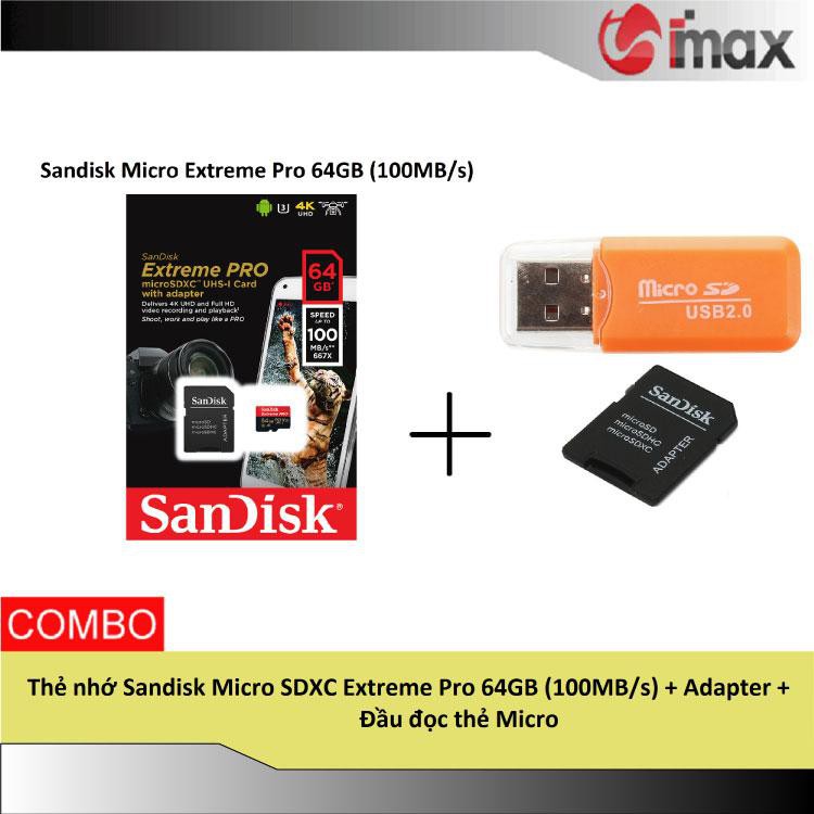 Thẻ nhớ Sandisk Micro SDXC Extreme Pro 64GB (100MB/s) + Adapter + Đầu đọc thẻ Micro