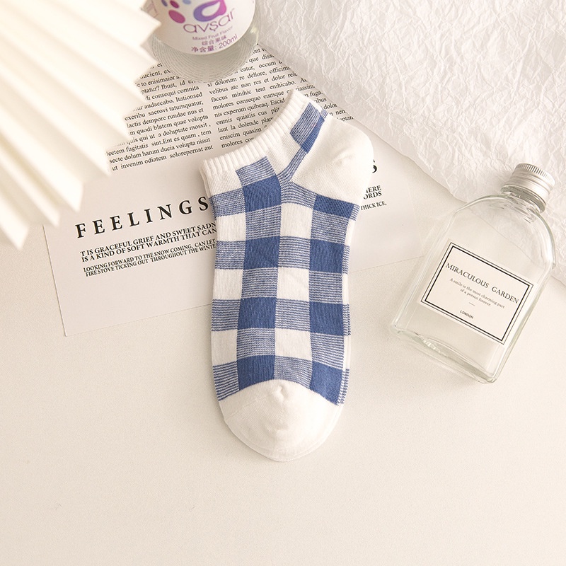 Tất vớ nữ cổ ngắn cotton mỏng thoáng hoạ tiết gấu caro xanh dương phong cách Hàn Quốc dễ thương M83