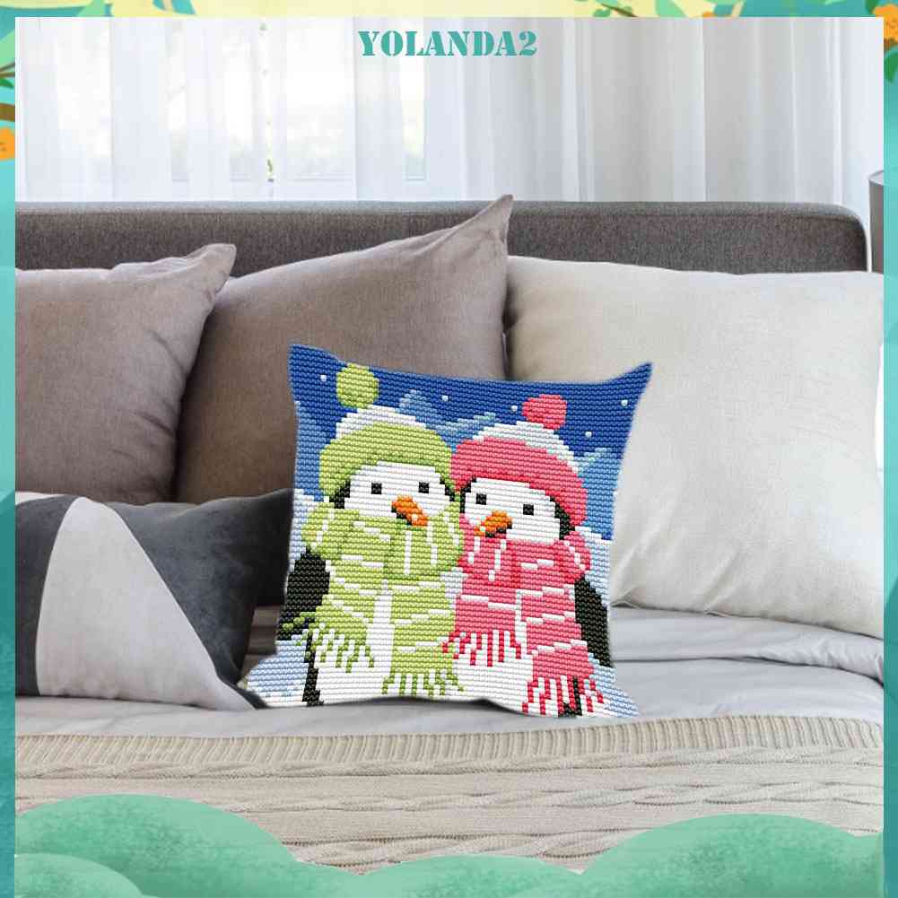 Vỏ Gối Thêu Chữ Thập DIY 11CT Hình Chim Cánh Cụt Xinh Xắn