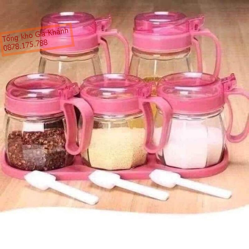 Lọ Đựng Gia Vị Thủy Tinh 5 Món, Bộ Hũ Đựng Gia Vị Màu Hồng Trong Suốt Cực Đẹp Sang Trọng Có Tay Cầm
