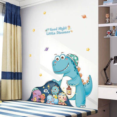 Phim hoạt hình khủng long phòng trẻ em trang trí dán tường tự dính bé trai phòng giường bố trí dán tường hình nền