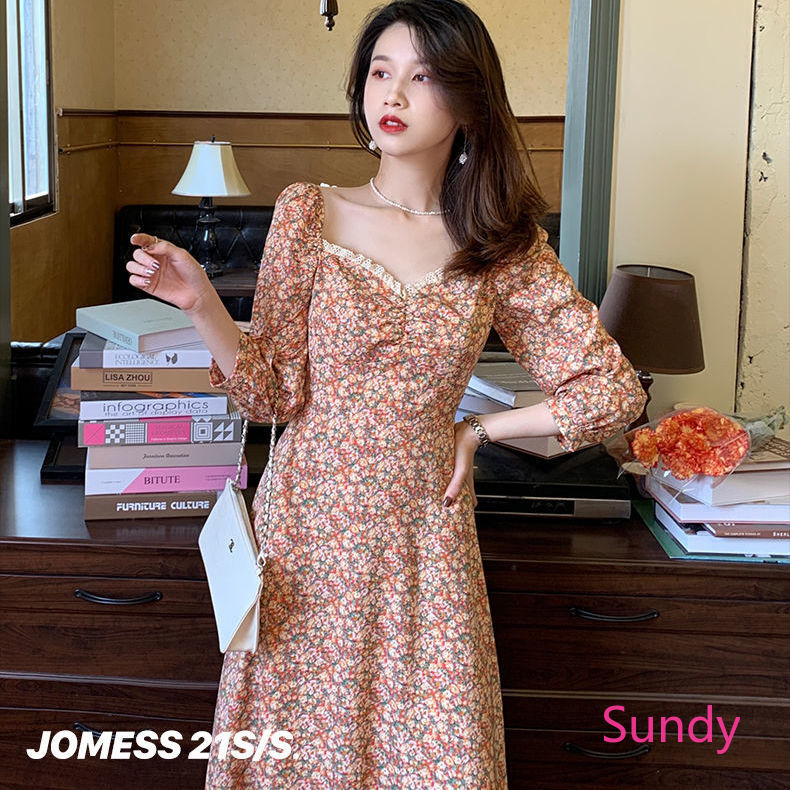 Đầm Dáng Dài Cổ Vuông In Họa Tiết Hoa Phong Cách Retro Pháp