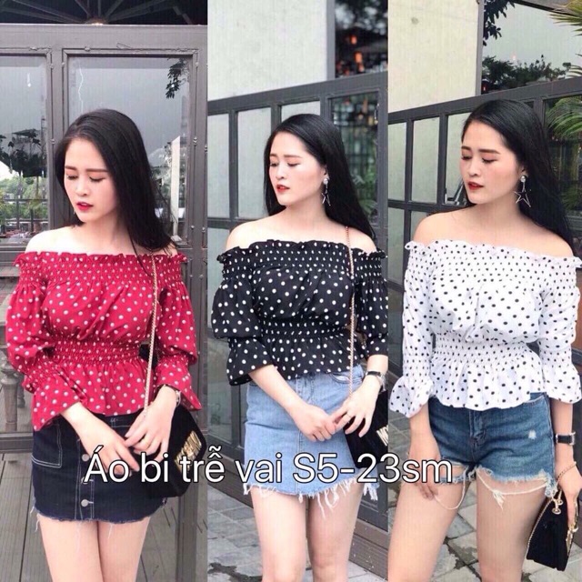 Áo chấm bi trễ vai nhún eo