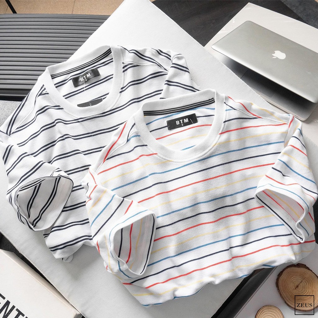 Áo Thun Nam, Áo Phông Nam Cổ Tròn BTM Kẻ Sọc, Vải Cotton Co Giãn, Form Slim Fit ZEUS STORE