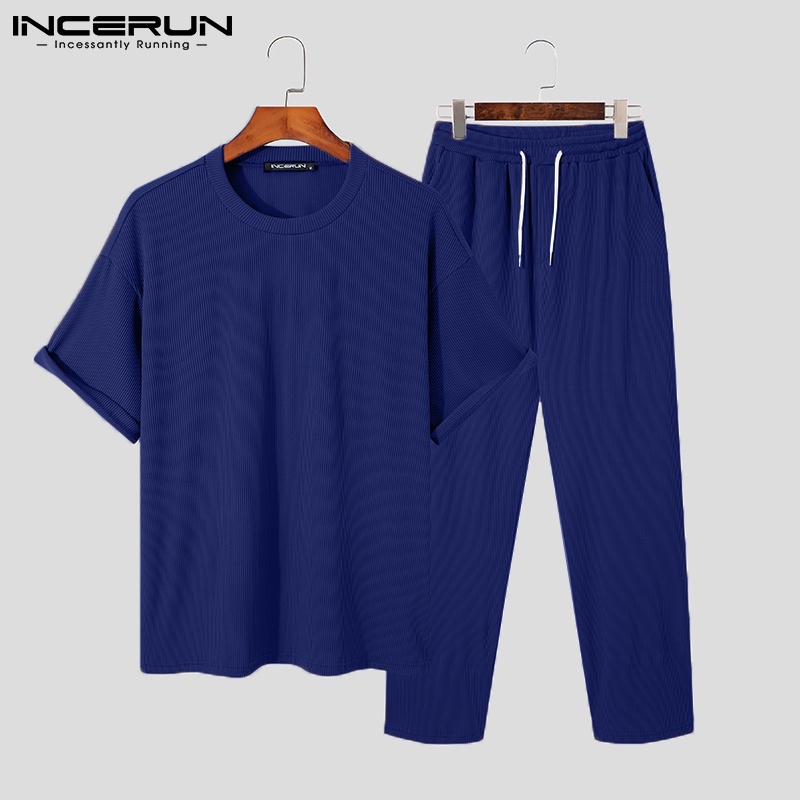 Set đồ thể thao INCERUN gồm áo thun tay ngắn cổ tròn + quần dài lưng thun dang rộng giản dị dành cho nam