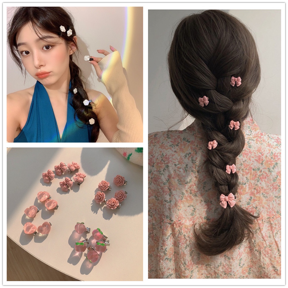Bộ 5 Kẹp Tóc Đính Hoa Trà/Trái Tim Dễ Thương Thời Trang Hàn Quốc Cho Bé Gái