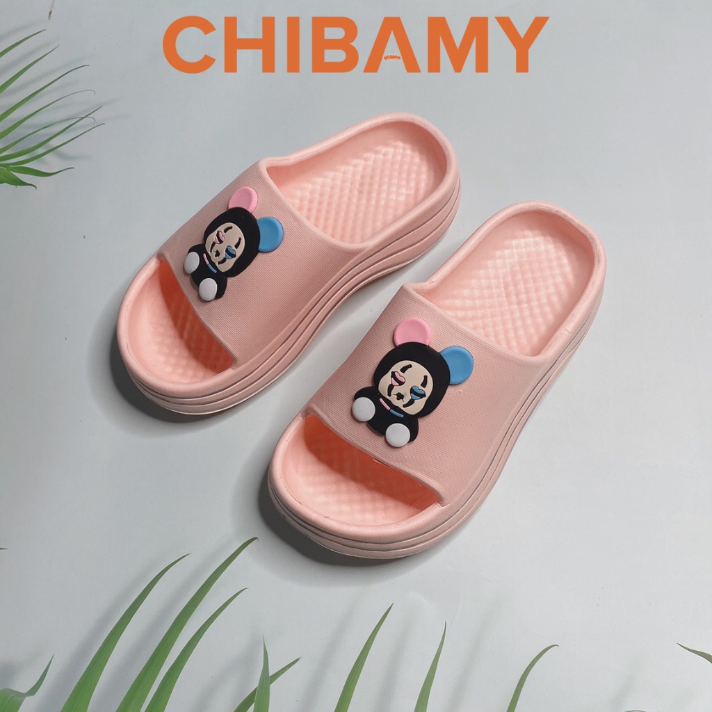 Dép bánh mì nữ Đế sóng cao 4cm CHIBAMY gắn sticker mặt Gấu hề mẫu mới