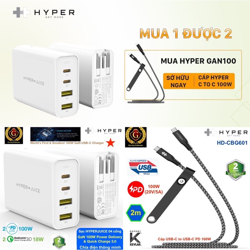 Combo sạc nhanh Macbook Pro, iPad Pro, Note 10, S10 gồm Củ sạc HYPERJUICE GaN 100W (2C-2A) và Cáp sạc HYPERJUICE 100W 2m